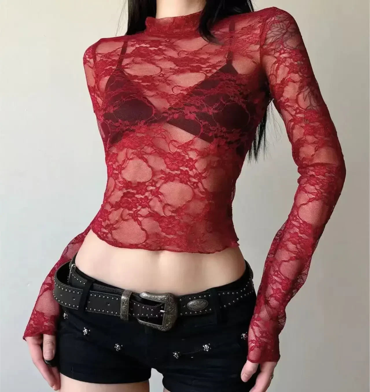 Sexy Long Sleeve Rose Lace Shirt Women's Slim Fit Shirt Translucent Summer New Arrival Summer Fashion Female Top
