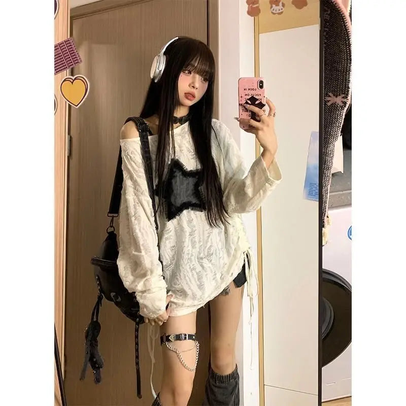 New 2025 Japanese Sle Dstring Spicy Girl T-irt Women's Spring Autumn Star Hole Loose Long Sve Top Fem Faion