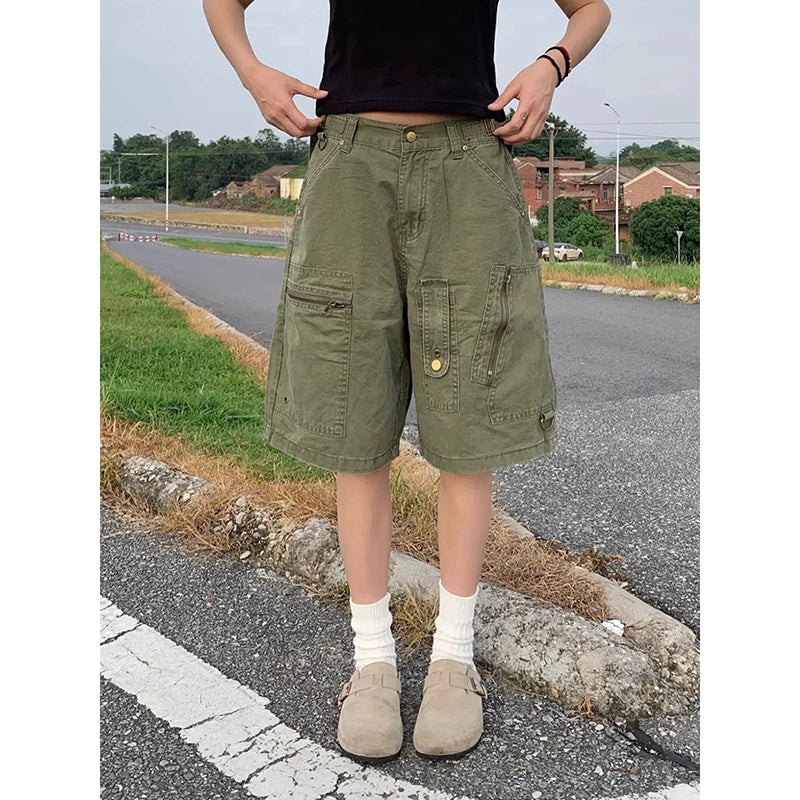 ZHIZOU Women Cargo Short Jeans American Vintage Y2K Straight Streetwear Wide Leg Pants High Waist Summer Knee Length Denim Short