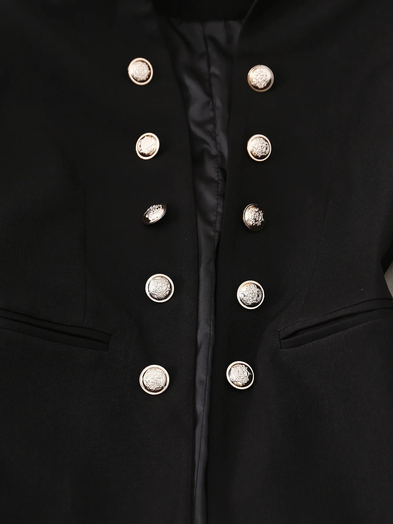 Elegant Black Double-Breasted Blazer with Golden Buttons -Long Sleeves, Polyester Fabric, Perfect for Spring/Fall, Formal Attire