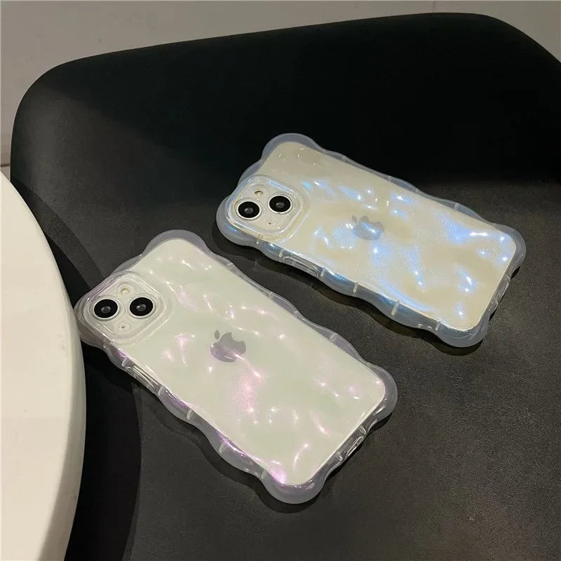 Transparent 3D Bubbles Shape Curly Shiny Phone Case For iPhone 17 Pro Air 15 16 Plus 14 13 12 Pro Max 11 Meteorite Wave Cover