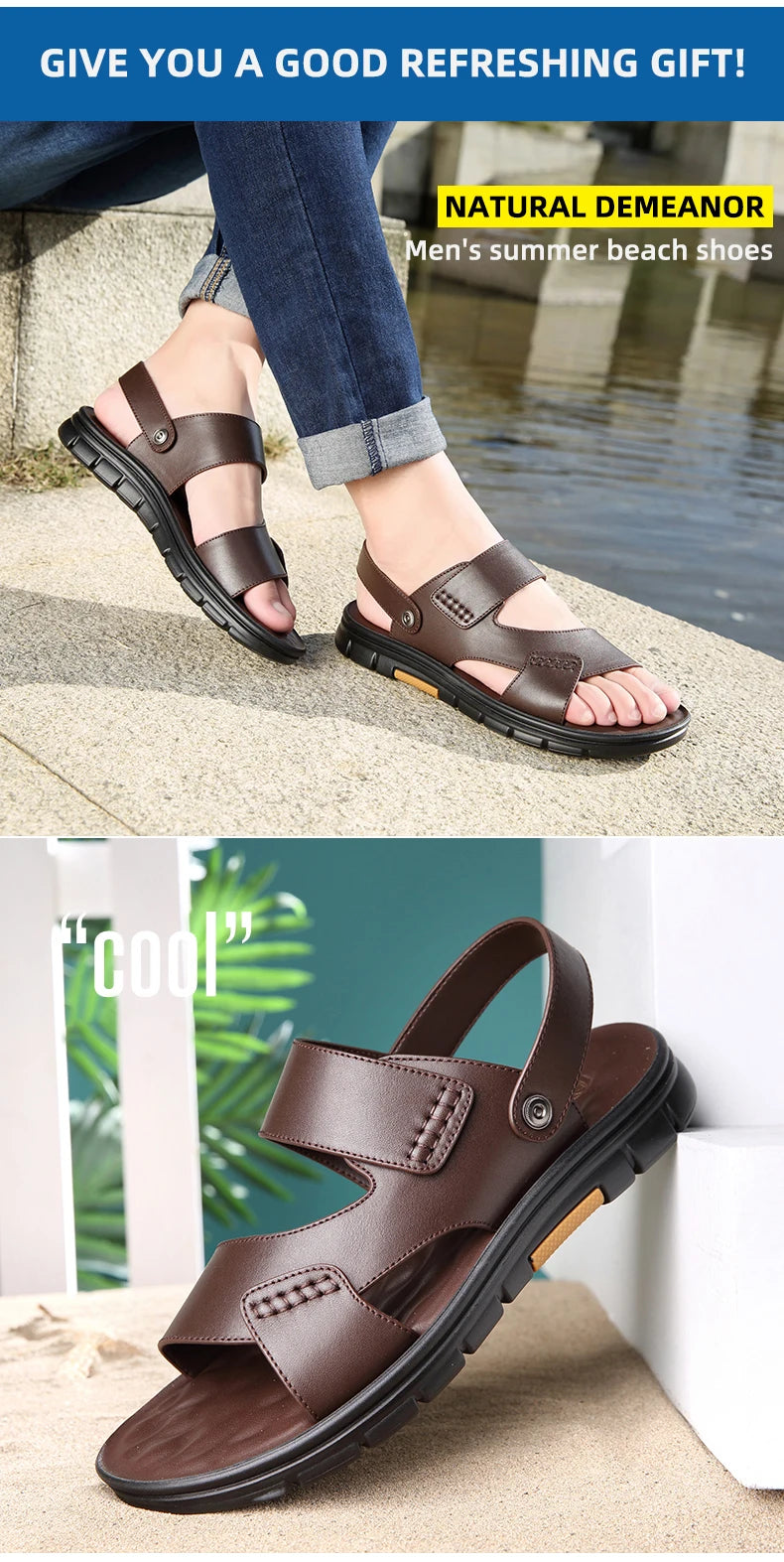 Laorentou Genuine Leather Summer Casual Beach Shoes, Cowhide Soft Soles, Anti Slip, Dual-Purpose Sandals for External Wear2050606