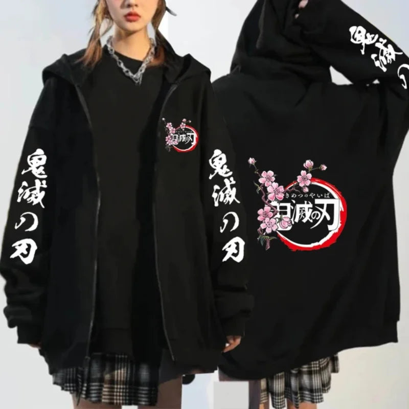 Women's Fashion Zipper Sweater Japanese Anime Hoodie Demon Slayer Pattern Printed Sweatshirt Autumn/Winter Warm Long Sleeve Coat