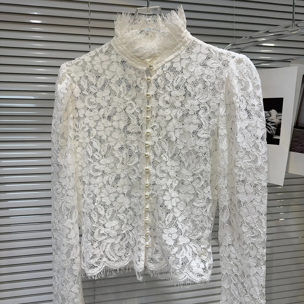 KTCZ Solid Spliced Lace Hollow Out Blouse For Women Long Sleeve Single Breasted Patchwork Print Minimalist Chic Blouse Female