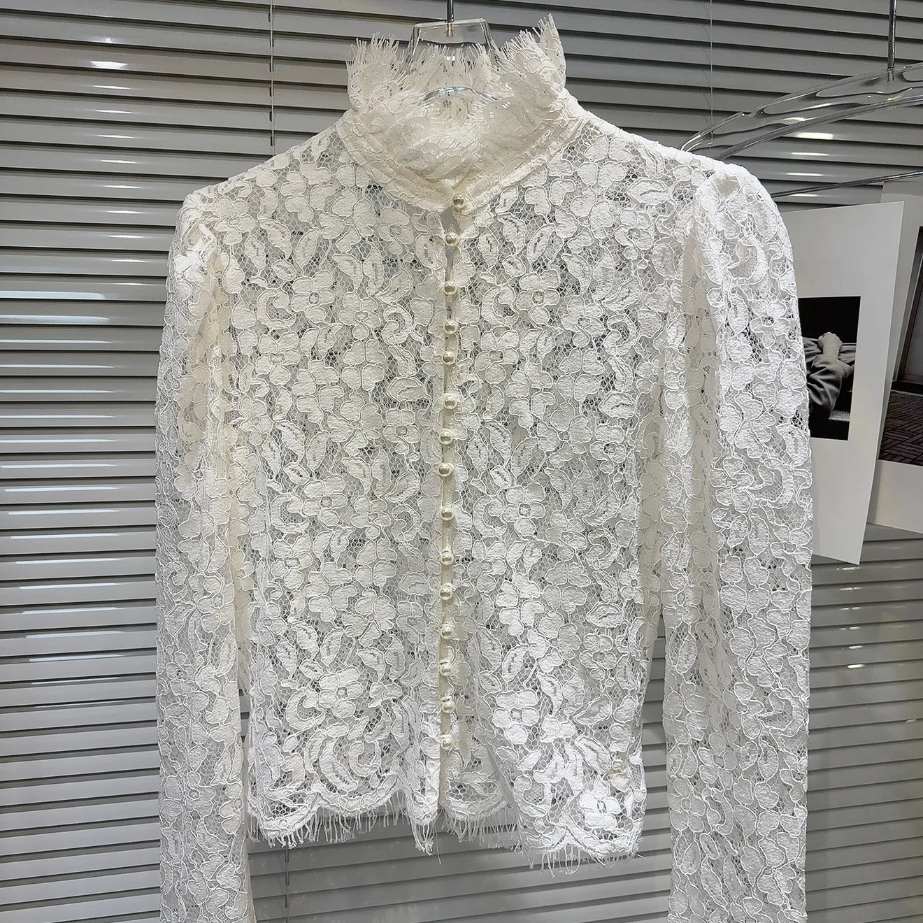 KTCZ Solid Spliced Lace Hollow Out Blouse For Women Long Sleeve Single Breasted Patchwork Print Minimalist Chic Blouse Female