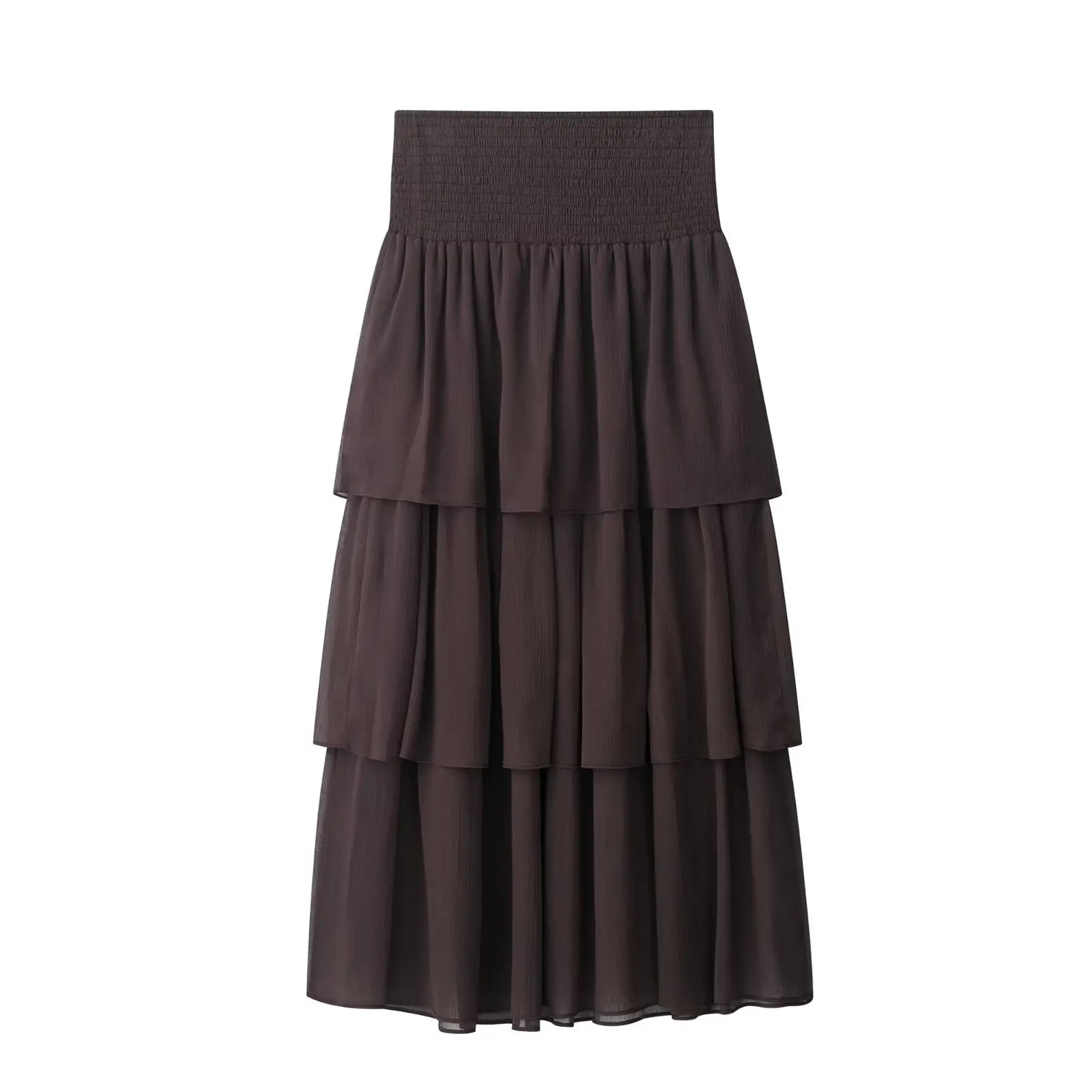 New High Street Women Brown Ruffled Pleated Midi Skirt High Elastic Waist Female Chic Lady Long Skirts