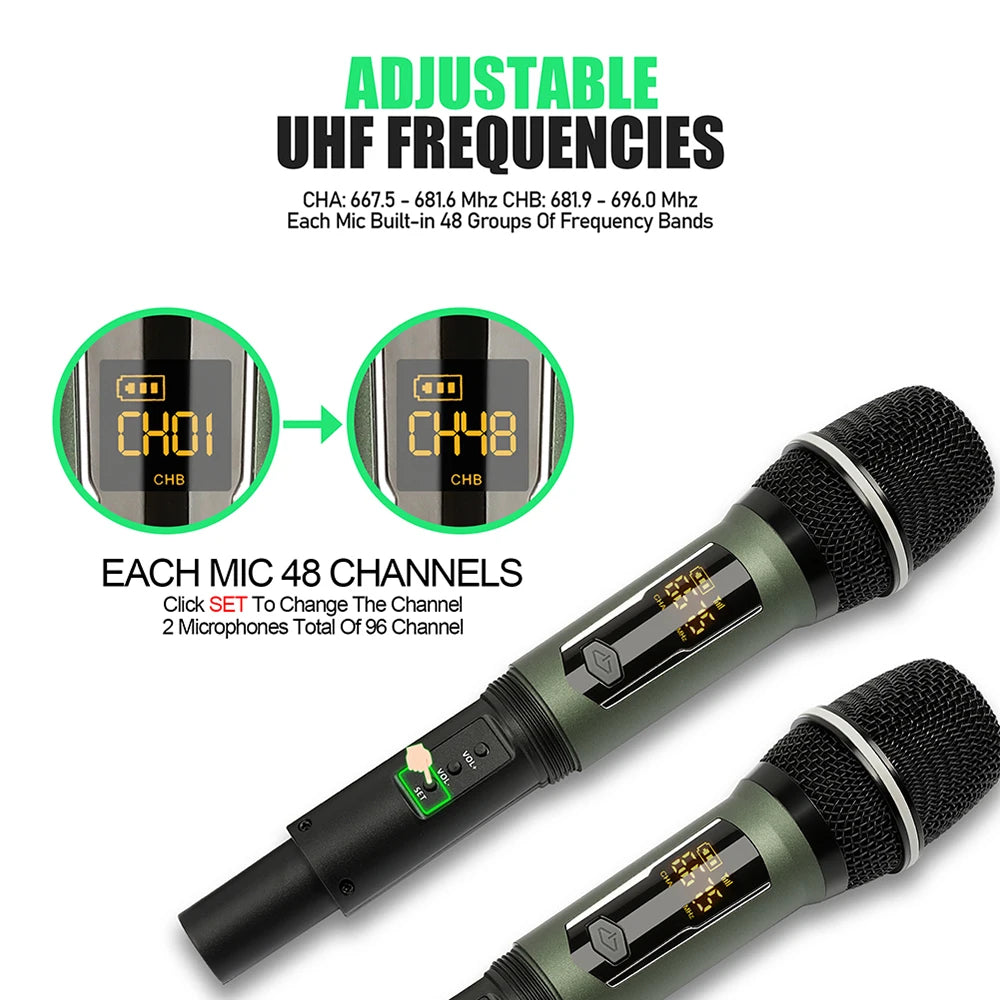 Rechargeable Battery Microphone 2 Channel UHF Wireless Microphone Dual Handheld Dynamic Adjust Frequency For Stage 200ft DL602