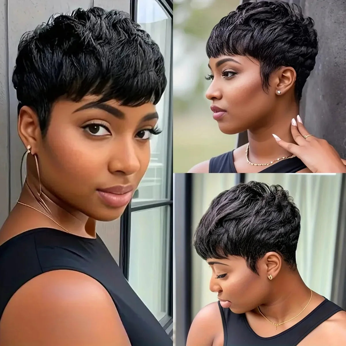Brazilian Remy Human Hair Pixie Cut Wig Wave Full Machine Made wig Layered Wig Natural Look for Women