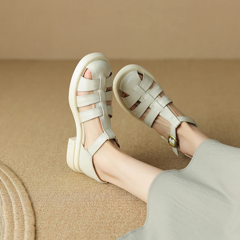 New Summer Sandals Genuine Leather Luxury Roman Sandals Casual Buckle Strap Summer Shoes GLADIATOR Thick Heel Women Shoes