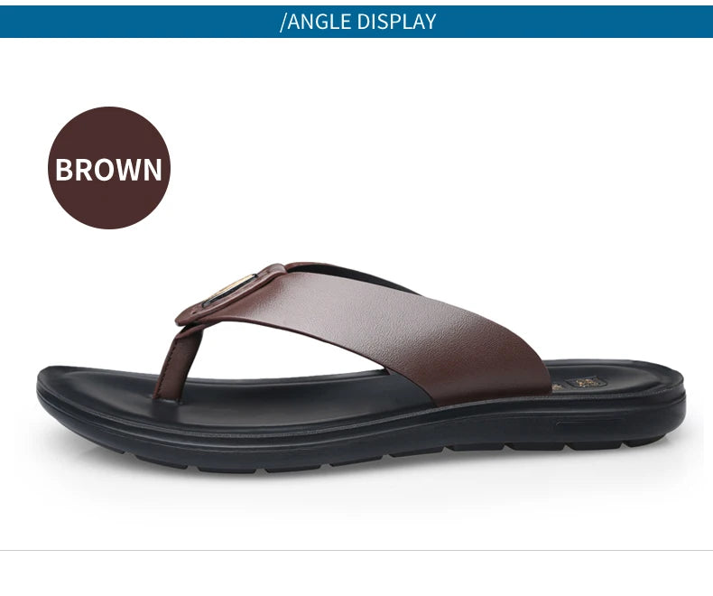 LAORENTOU slippers, men's genuine leather, Korean version, clip on flip flops, men's sandals, cowhide soft sole, anti slip