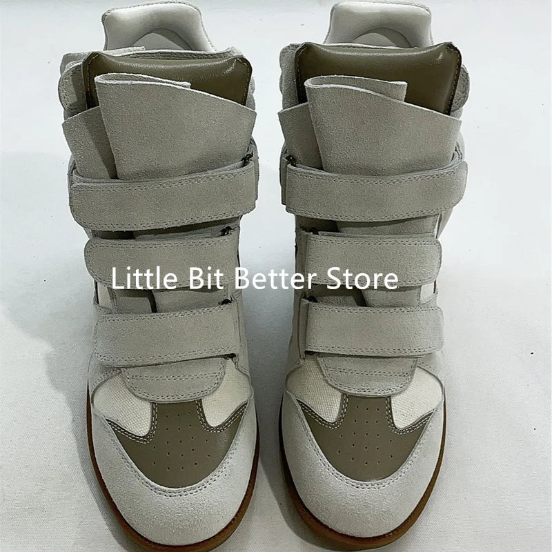 A Genuine Leather Casual Shoes Women's 2026 Summer Breathable Hollow Hidden Wedges Sneakers Hook Loop Trainers High Top