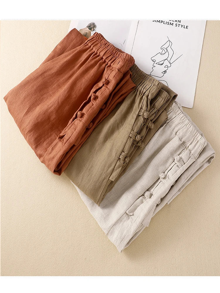 Japan Style Cotton Harem Pants Female Retro Buttons Casual Loose Ankle-Length Trousers for Women Pantalones Mujer