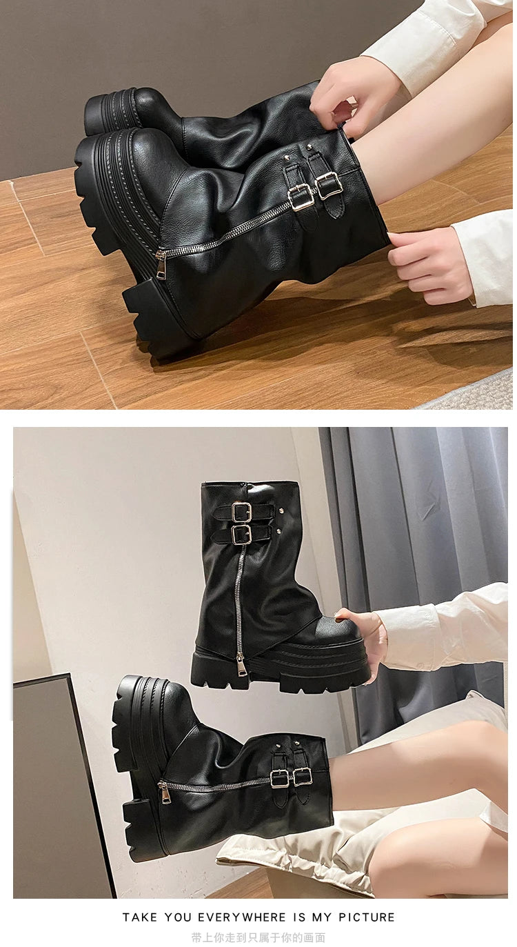 10CM Winter Warm Chunky Short Boots Women High Heels New Mid Calf Leather Sneakers Trend Buckle Motorcycle Boots Fur Snow Shoes