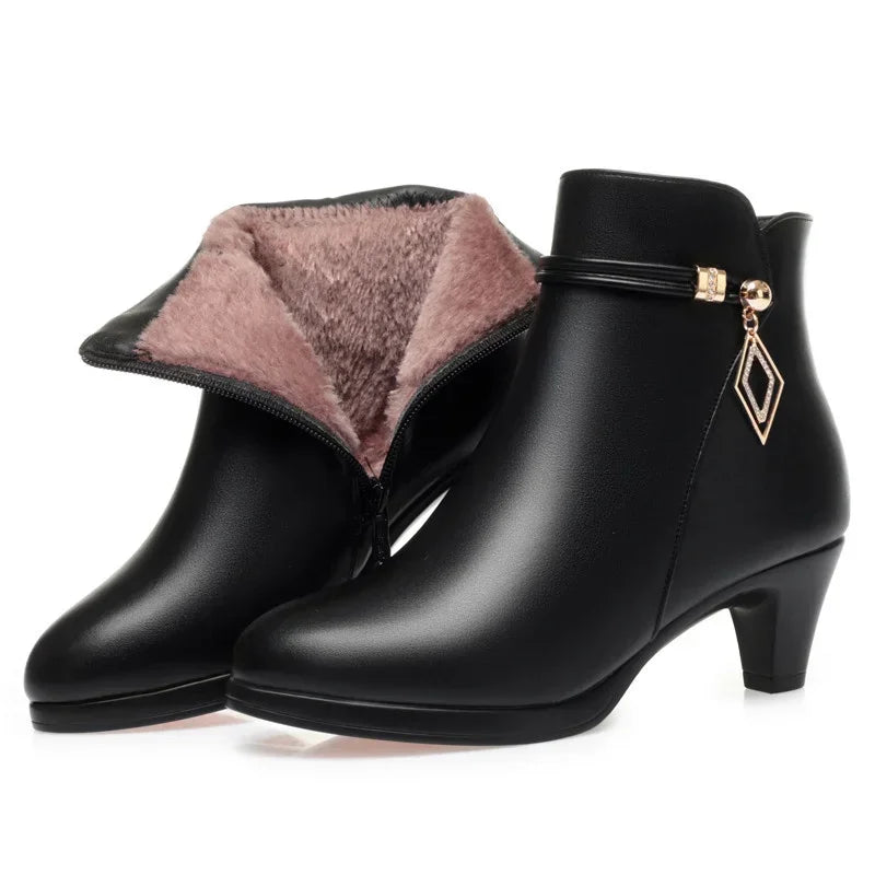 Comfort Fashion Soft Leather Winter Shoes Platform Boots 2024 Elegant Black Block High Heels Ankle Office Mom Boots