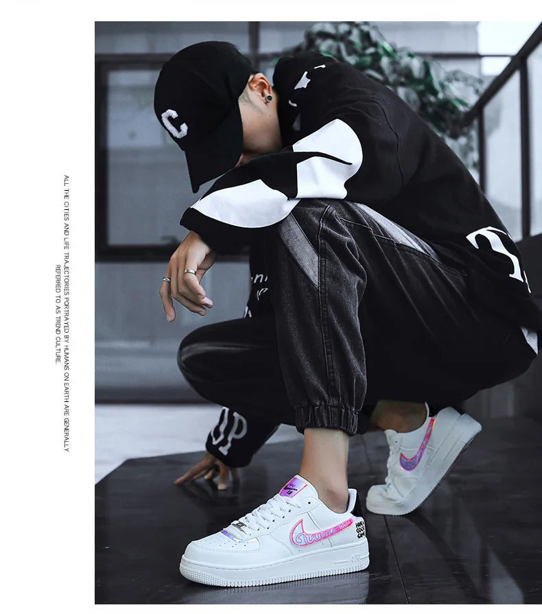 Aj1 Men's Air Force One Men's Shoes Video Game Pixel White Laser Joint Low-Top Sneakers Casual White Shoes