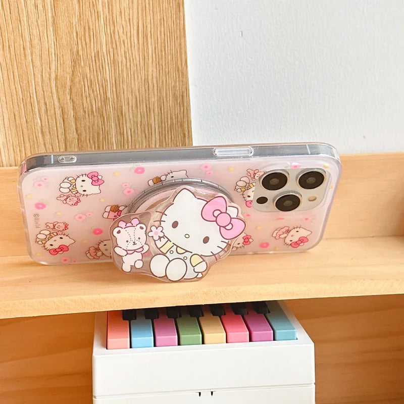 Cute Cartoon Sanrio Hello Kitty Magnetic Holder Magsafe Wireless Charge Phone Case For iPhone 15 14 13 12 11 Pro Max Hard Cover
