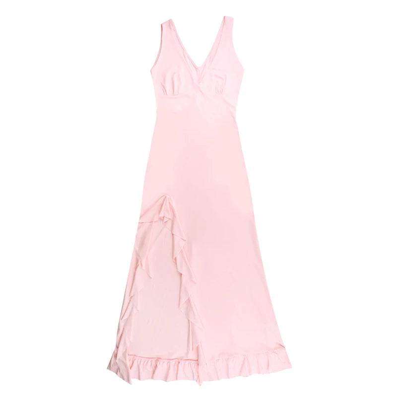 Mozision Elegant Sleeveless Ruffles Sexy Long Dress For Women Summer New Deep V Neck Backless Thigh High Split Maxi Dress