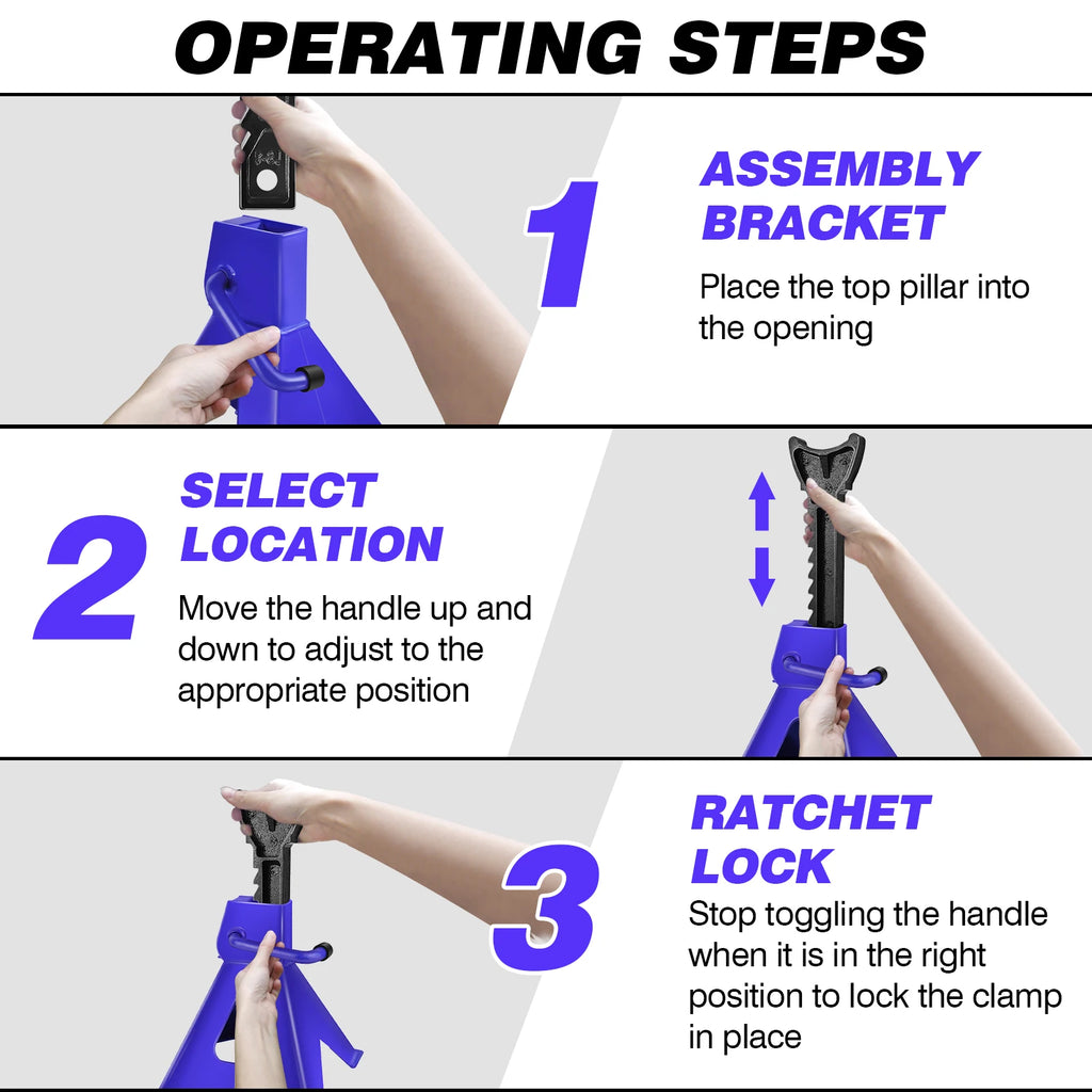 2 x Ratcheting Axle Stand, 3 Ton Heavy Duty Axle Jack Stands, Height Adjustable, Metal Steel Car Van Vehicle Stand Lifting Tool