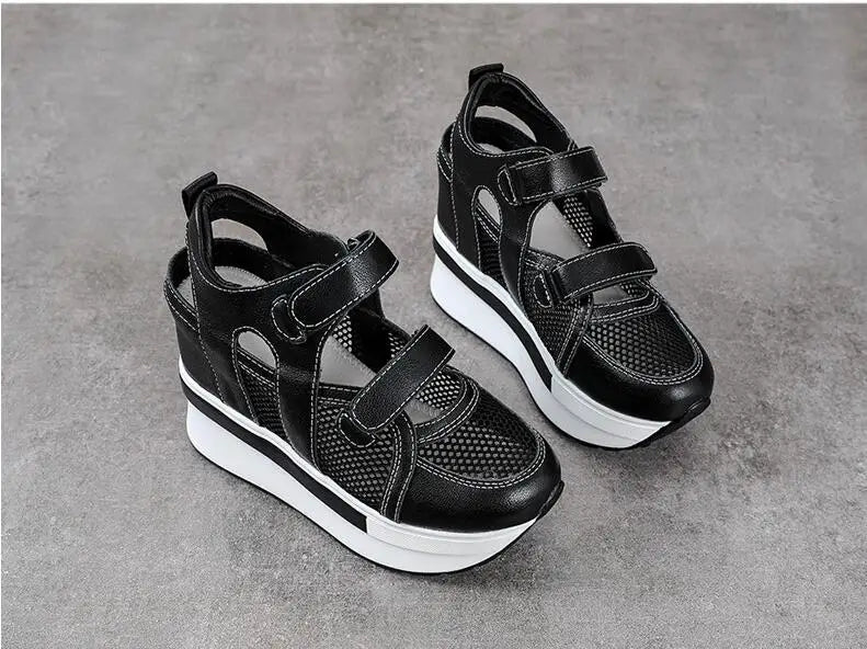 10cm Air Mesh Genuine Leather Platform 2025 Wedge Flats Sneakers Hook Summer Women Comfy Fashion Chunky Sneaker Sandals Shoes