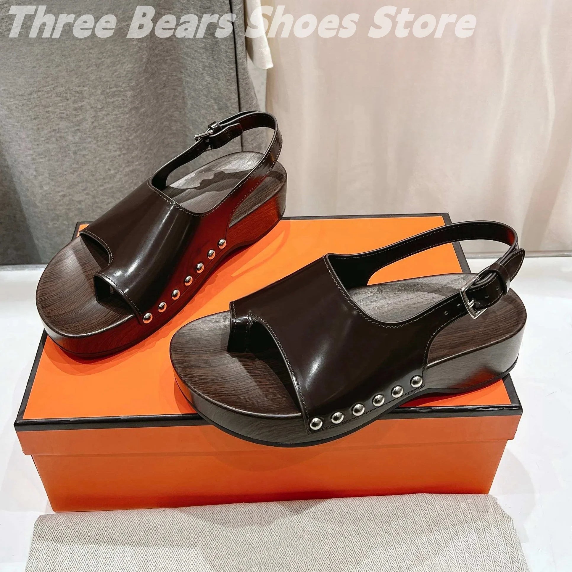 Concise Rivet Cow Leather Sewing Back Strap Flip Flops Woman Sandals Mixed Colors Open-Toes Platform Heels Zapatos Mujer 34-42