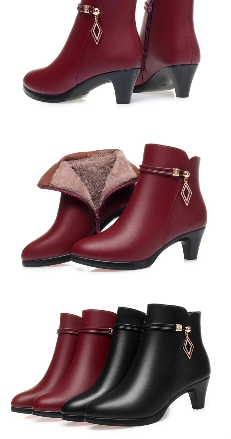 Comfort Fashion Soft Leather Winter Shoes Platform Boots 2024 Elegant Black Block High Heels Ankle Office Mom Boots