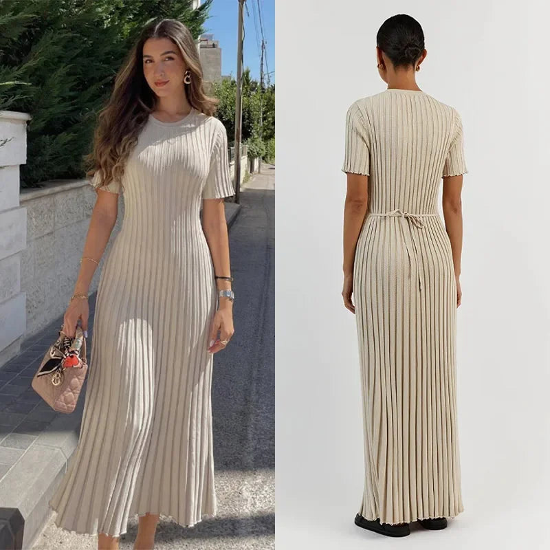 Knitted Women Long Dress Short Sleeve Pleated Lady Dresses 2024 Fashion Autumn Winter Hip Package O Neck Female Vestidos