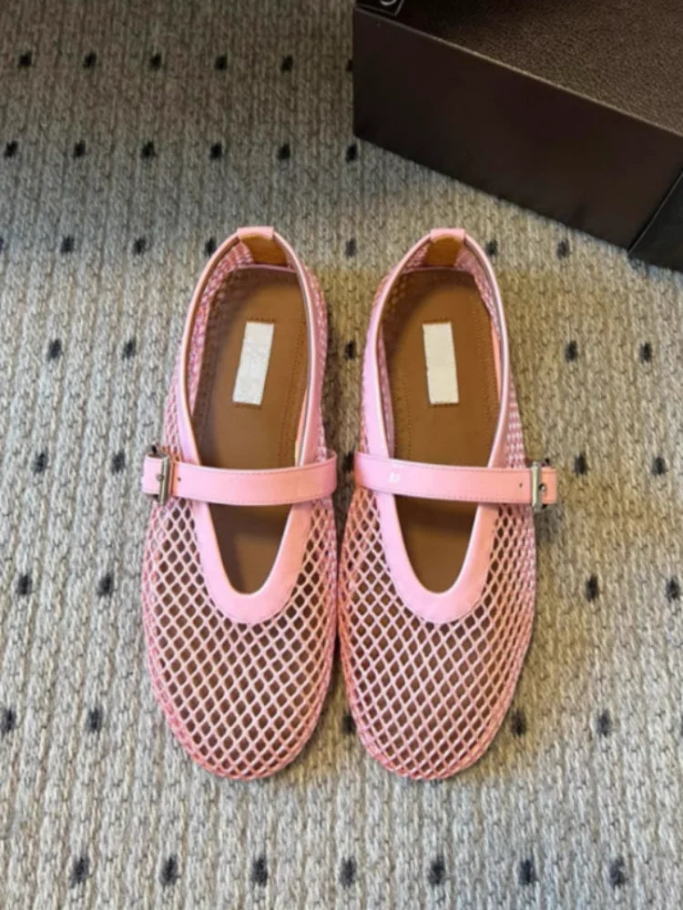 Mesh Buckle Ballet Shoes For Women, High Version 2025 Fairy Hollow Flat Bottom Pink Fishing Net, Mary Jane Single Shoe