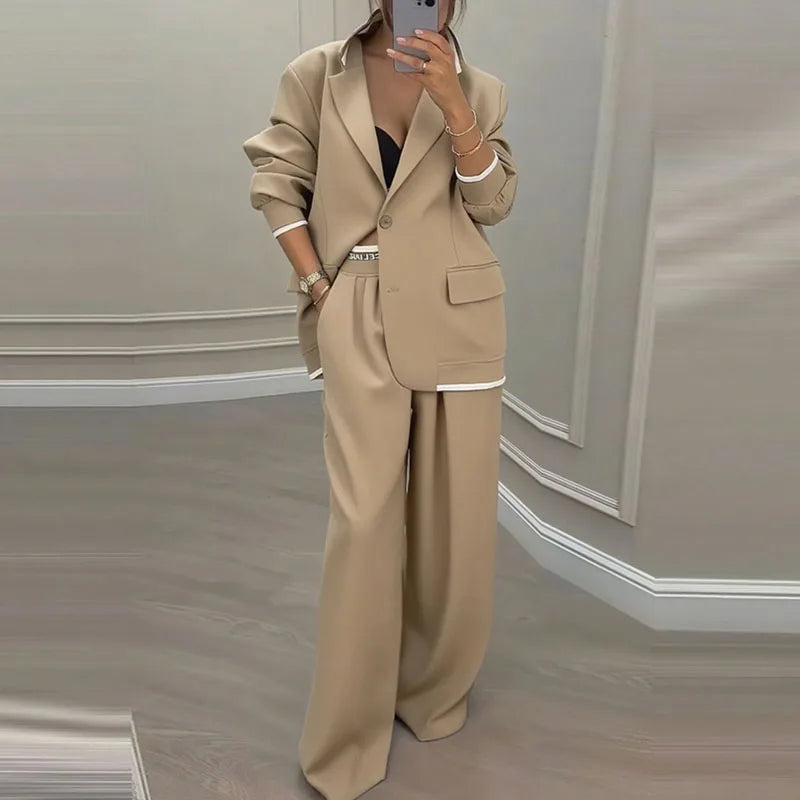 Autumn Winter Blazer Jacket Set Woman Elegant Single Button Lapel Cardigans & Wide Leg Trousers Suit Elegant Solid Office Outfit