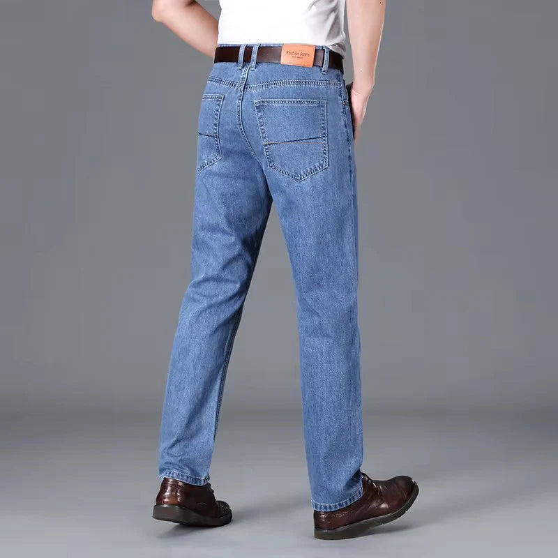 100% Cotton Men's Brand Thin Business Jeans Straight Slim Classic Male Trousers Fashion Casual Breathable Summer Denim Pants