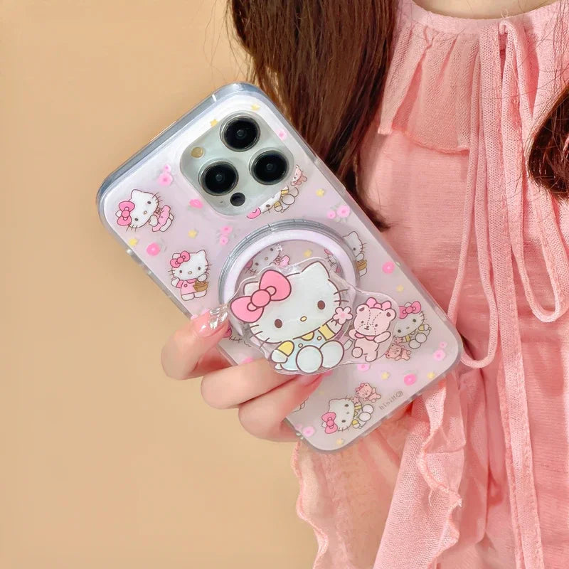 Cute Cartoon Sanrio Hello Kitty Magnetic Holder Magsafe Wireless Charge Phone Case For iPhone 15 14 13 12 11 Pro Max Hard Cover