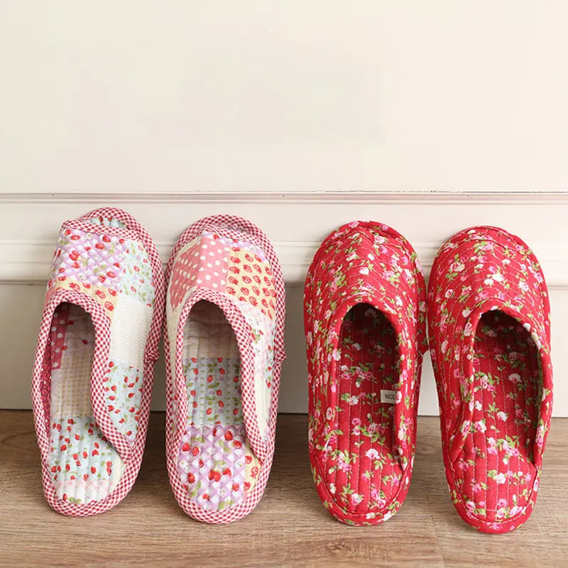 1 Pair Vintage Floral Home Slippers Spring Autumn Soft Cotton Toe Sole Slippers Women Flat Shoes Indoor Bedroom Slippers