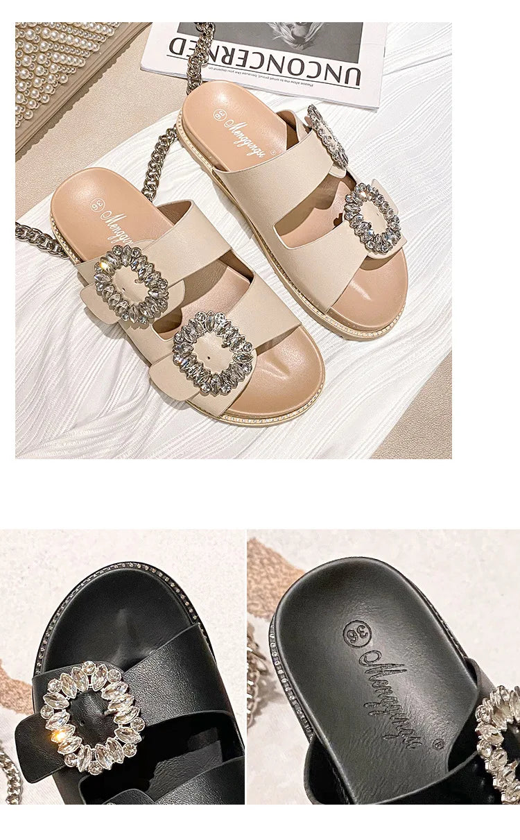2025 Brand Rhinestone Buckle Sandals Women Double Band Slippers Crystal Shoes Ladies Casual Slides Slip On Flat Heels Flip Flops