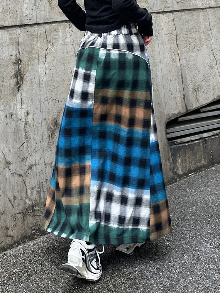[EAM] High Elastic Waist Blue Back Plaid Denim Long A-line Half-body Skirt Women Fashion Tide New Spring Autumn 2025 1DH8117