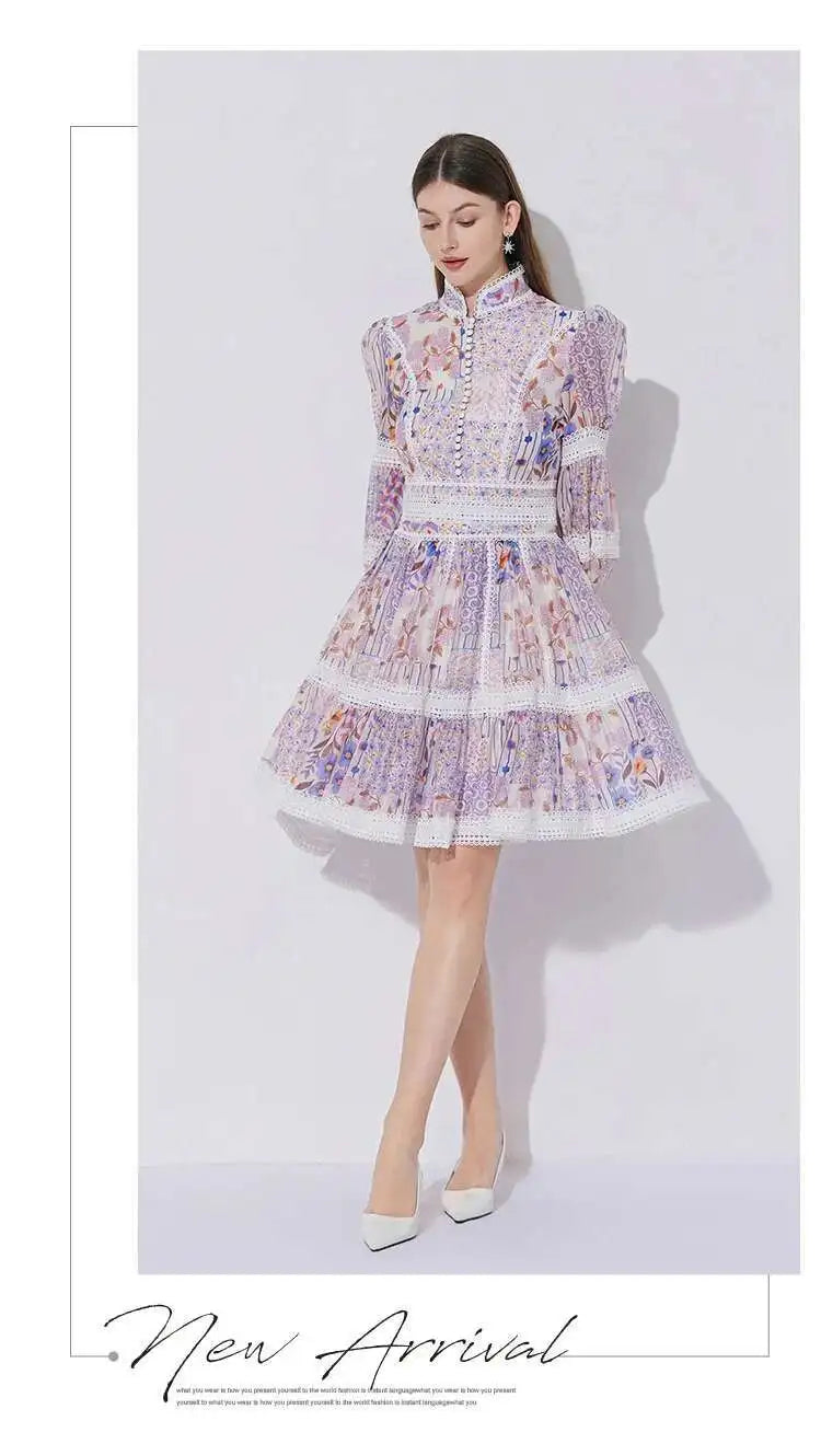 Elegant Long Sleeve Floral Short Dresses Shirt For Women Summer Autumn Holiday Hollow Out Printed Party Dress