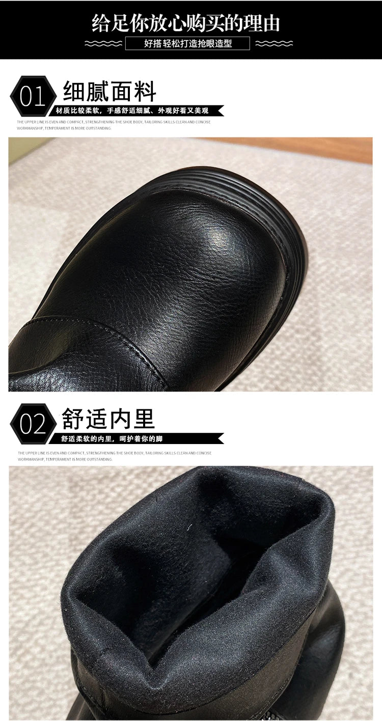 10CM Winter Warm Chunky Short Boots Women High Heels New Mid Calf Leather Sneakers Trend Buckle Motorcycle Boots Fur Snow Shoes