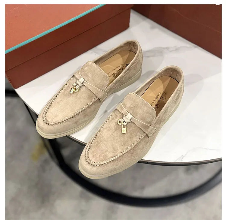 Summer Walk Genuine Leather Casual Slip-On Loers Women's Faion Single oes Comfortable round Toe Flat Heel All-Match Color