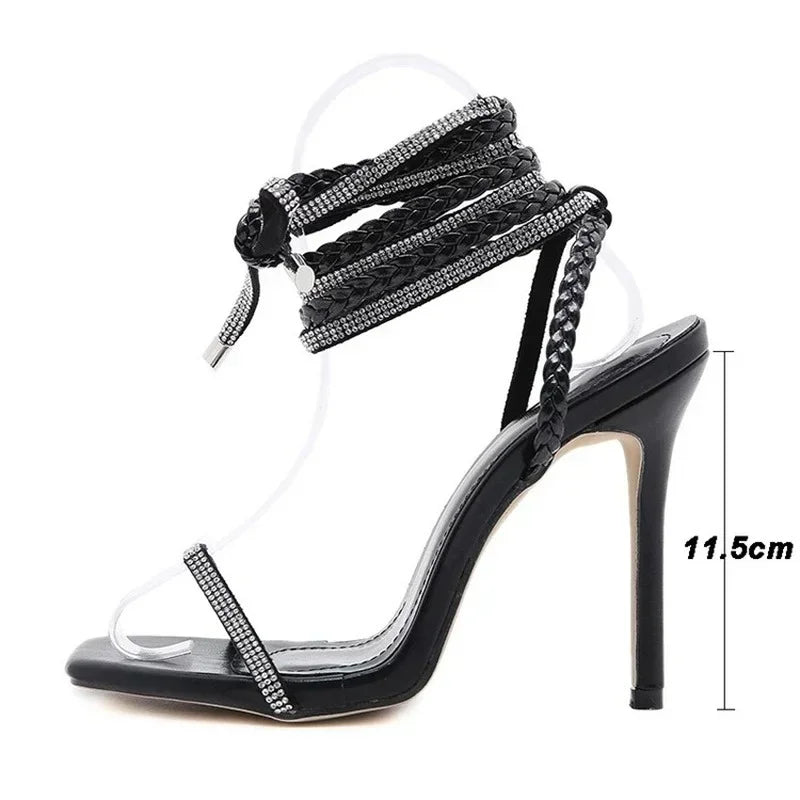 2024 Summer Woman Shoes High Heels Sexy Leather Gladiator Sandals Fashion Black Ankle Strap Crystal Open Toe Shoes Sandalias