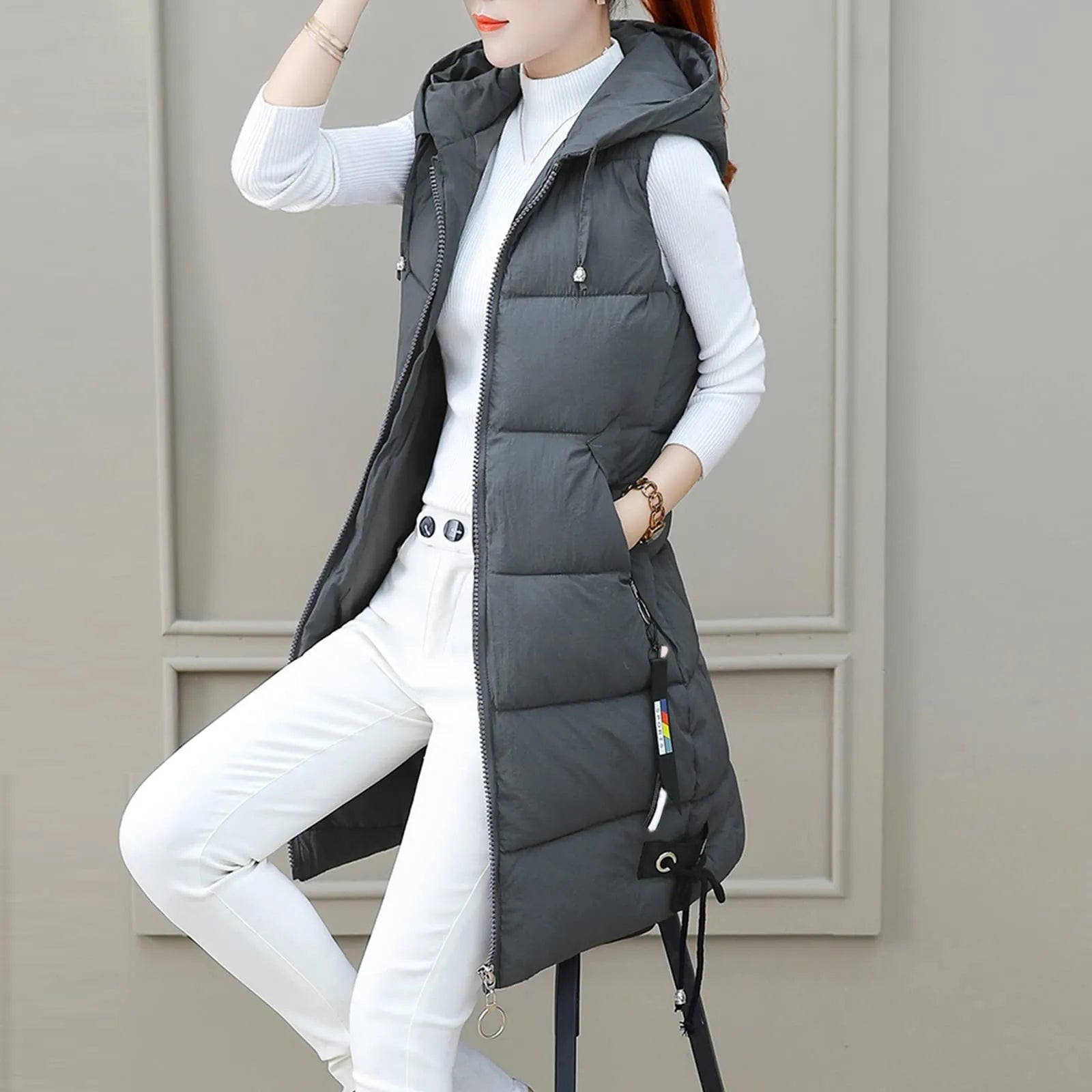 Women'S Autumn And Winter Temperament Sleeveless Cardigan Mid-Length Cotton Vest Vest Coat Abrigos Mujer Invierno Chamarras Muje