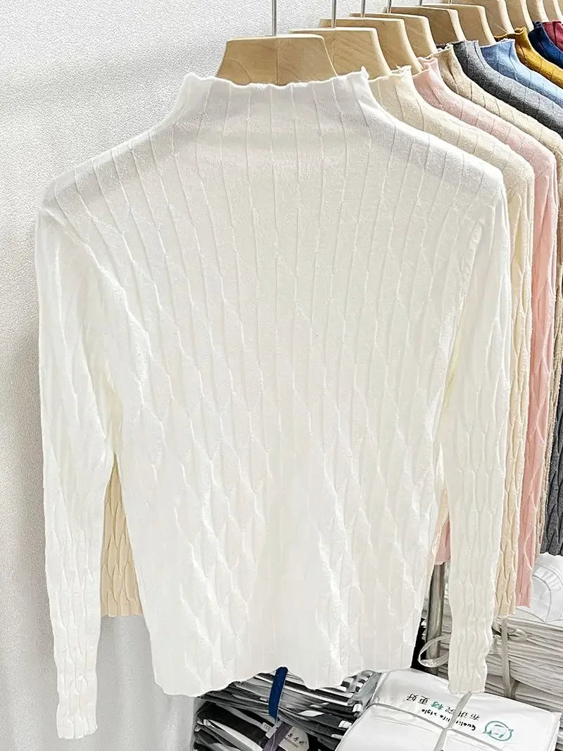 2025 Slim Fit Knitted Base Pullovers Autumn Winter Turtleneck Sweater Women's Solid Long Sleeve Casual Ruched Sweater