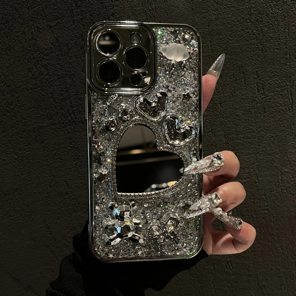 Luxury Glitter 3D Cloud Bear Phone Case For iPhone 16 15 14 13 12 Pro Max 11 Shiny Love Heart Mirror Lens Protective Back Cover