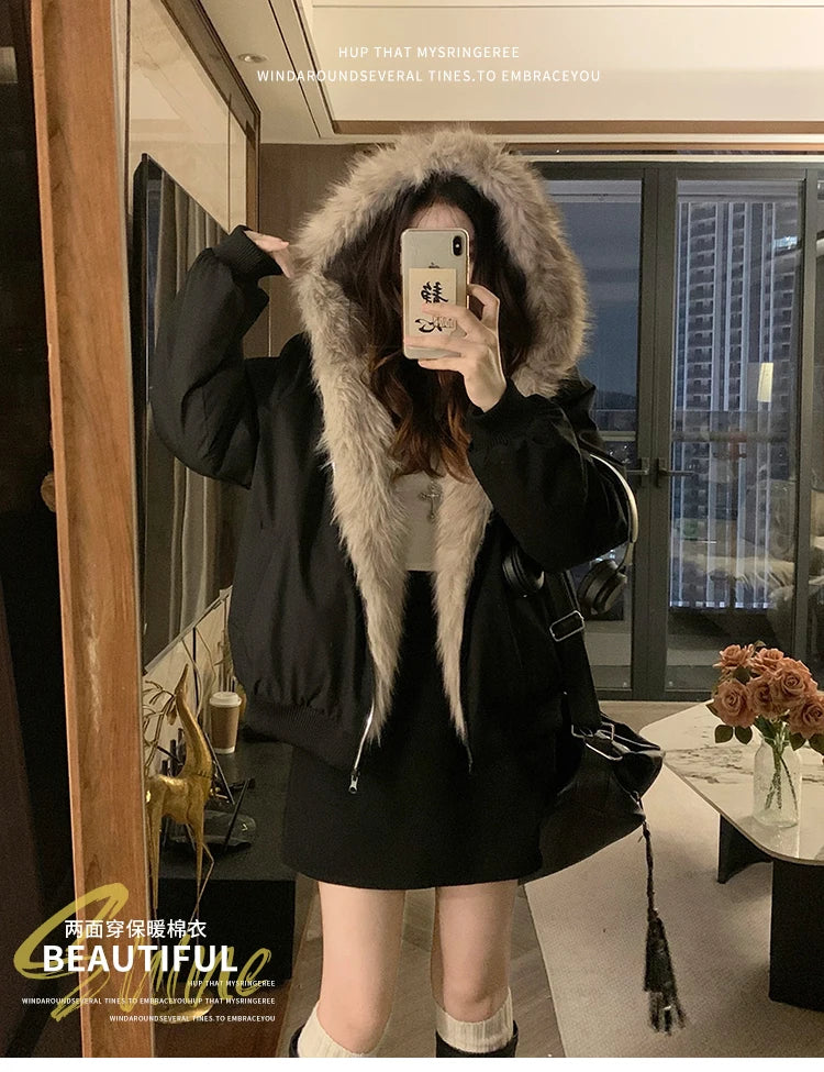 Two-sided Wear Imitation Mink Velvet Fur Hooded Cotton Padded Jacket Fashion New Winter Jackets Women's Short Loose Coats Trend