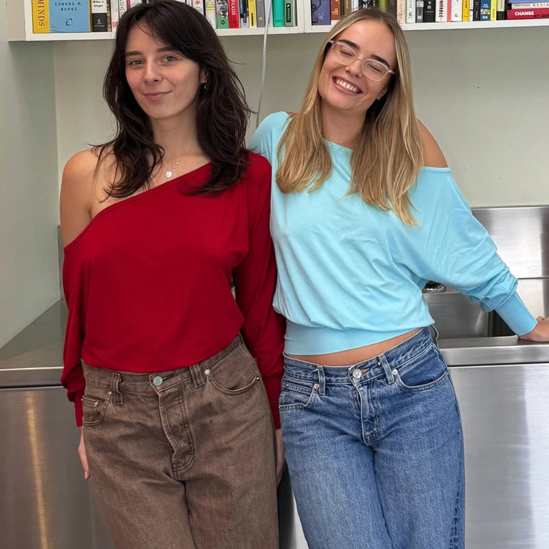 Oniflyme Inclined Shoulder Long Sleeve Crop Tops Women Fashion Streetwear Solid Off Shoulder Casual T-shirts Female Sexy Tee Top