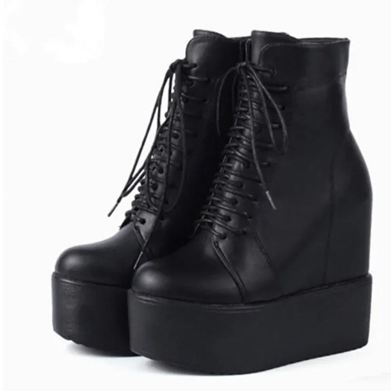 14CM Punk Style Wedges Ankle Boots Black Rubber Sole Shoes Platform Boots Women Lacing Autumn Sexy Lady Platform Heels Shoes