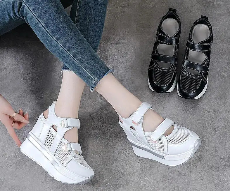 10cm Air Mesh Genuine Leather Platform 2025 Wedge Flats Sneakers Hook Summer Women Comfy Fashion Chunky Sneaker Sandals Shoes