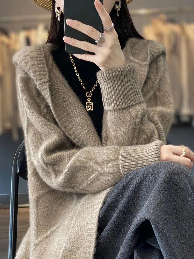 Autumn Winter 100% Merino Wool Women's Cardigan Long Sleeve Sweater Coat Loose Warm Cashmere Knitwear Fashion Female Long Coat