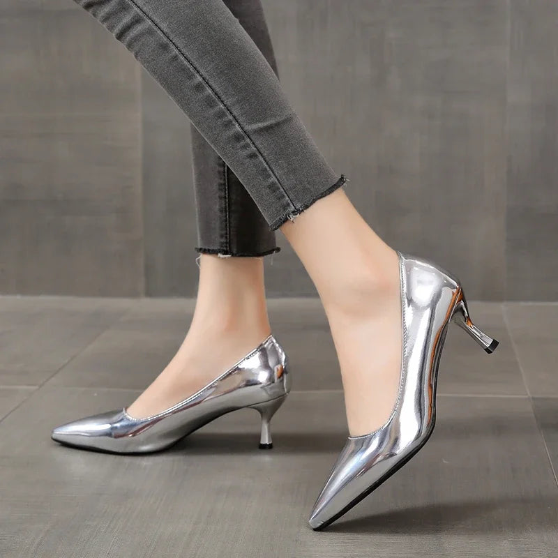 2024 New Lady Pointe Toe Gold Silver Pumps Female Wedding Bridal Shoes  Fashion Women Patent Leather High Heels Plus Size 45