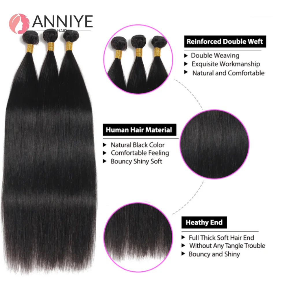 Raw Indian Straight 3 Bundles With 4x4 HD Lace Closure Frontal Human Hair Double Weft Natural Color Hair For Black Women ANNIYE
