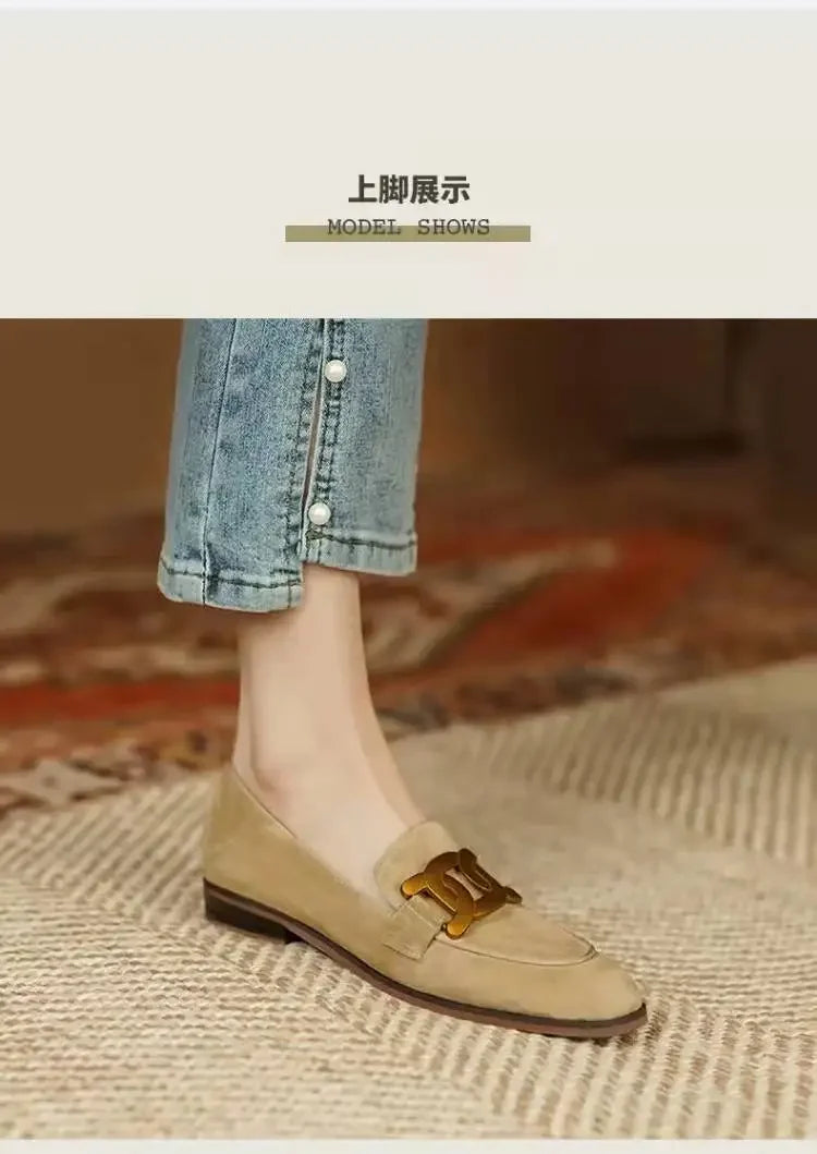 Women's Single Shoes with Heels Pointed Toe Metal Decoration Shallow Women Shoes Square Heel Spring Rubber Sole Zapatos De Mujer