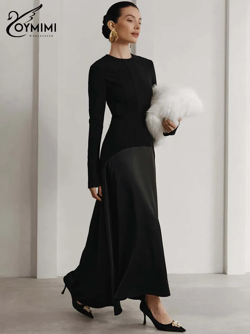 Oymimi Elegant Black O-Neck Womens Dresses Fashion Long Sleeve Patchwork Slim Dresses Casual New Straight Ankle-Length Dress