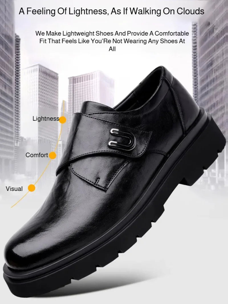 Black Men's Business Shoes Outdoor Soft Sole Breathable Thick Sole Leather Shoes Spring and Autumn Low-top Slip-on Casual Shoes